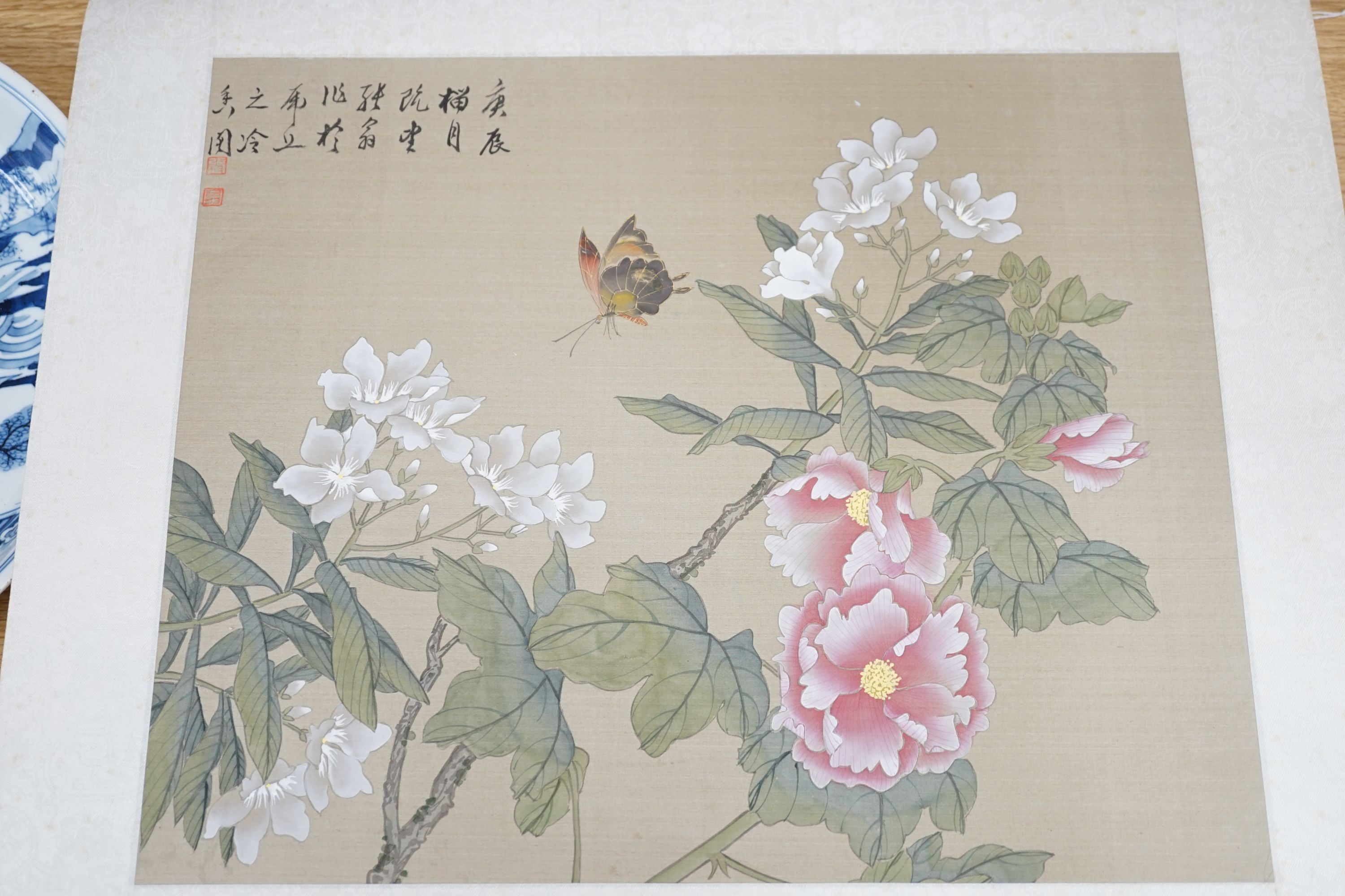 Chinese School, late 20th century, four paintings on silk “Or butterflies amid blossoming branches, 30 cm X 36 cm